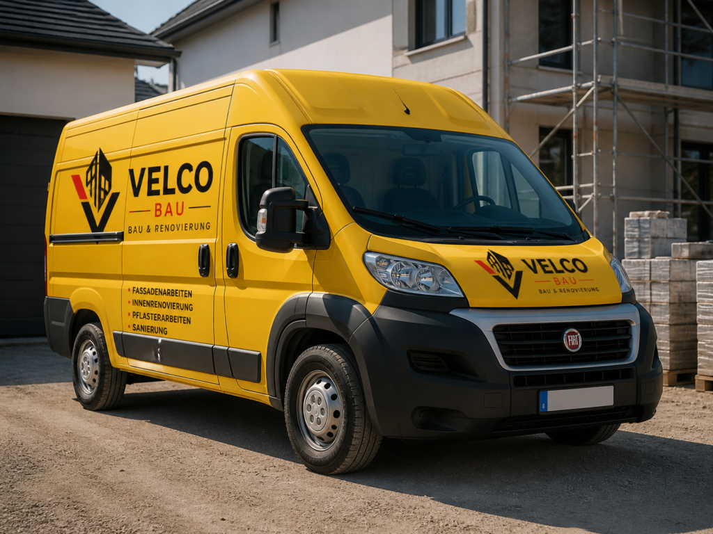 gelber bauwagen vor renoviertem haus