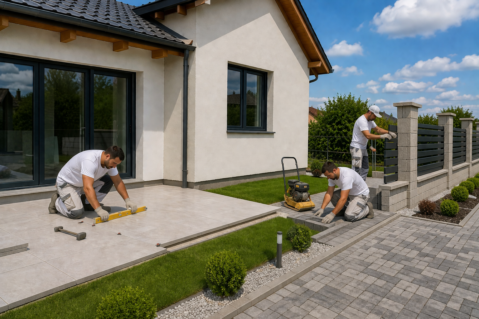 pflasterarbeiten, terrassenplatten und zaunbau bei einfamilienhaus in wien und niederösterreich